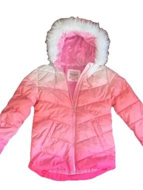 Juicy Couture Kids Pink Ombre Puffer Jacket with Faux Fur Hood